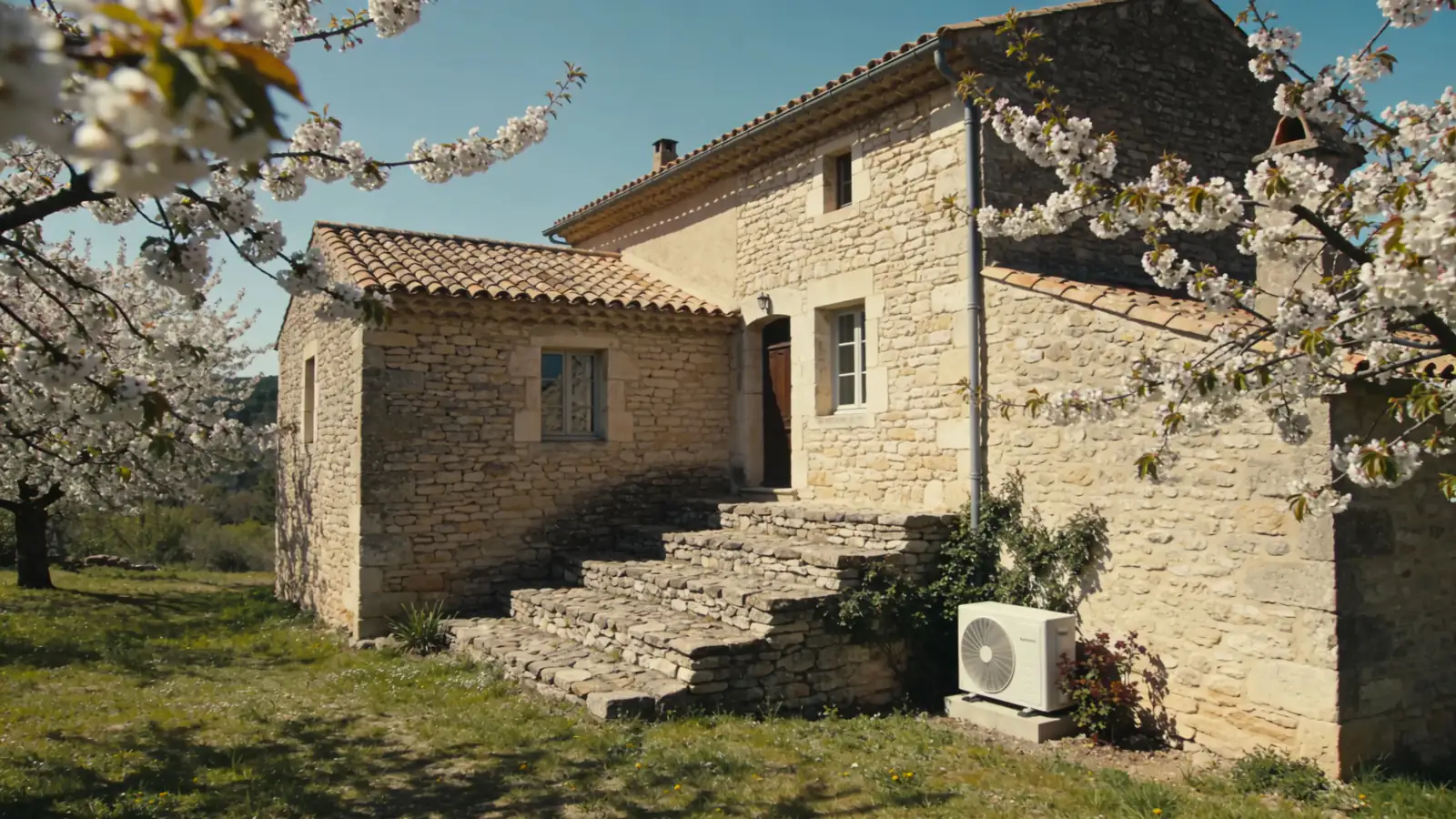 Maison du Luberon en pierre sèche avec escalier extérieur, cerisiers en fleurs au printemps, une pompe à chaleur posée sur un socle à côté des marches