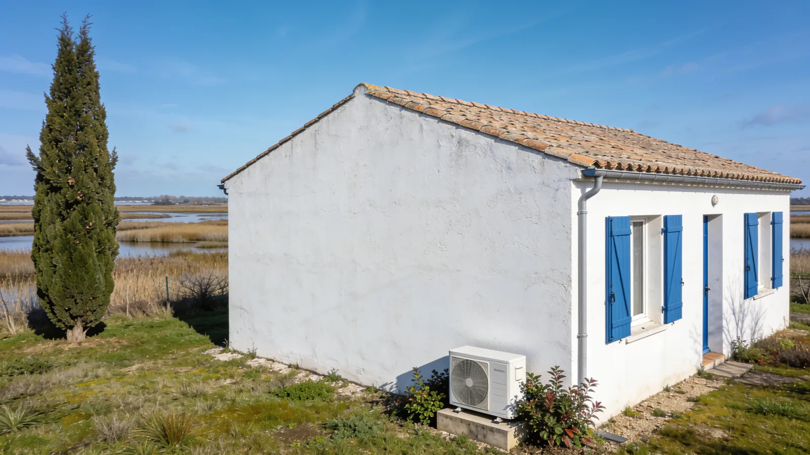 Maison vendéenne enduite de blanc aux volets bleus et toit de tuiles, cyprès et marais au loin par une claire journée d'hiver, une pompe à chaleur contre le pignon