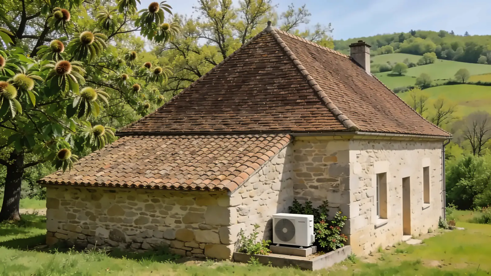 Maison limousine en granit au toit de tuiles brunes, châtaigniers et collines verdoyantes au printemps, une pompe à chaleur posée sur un socle dans l'angle des murs