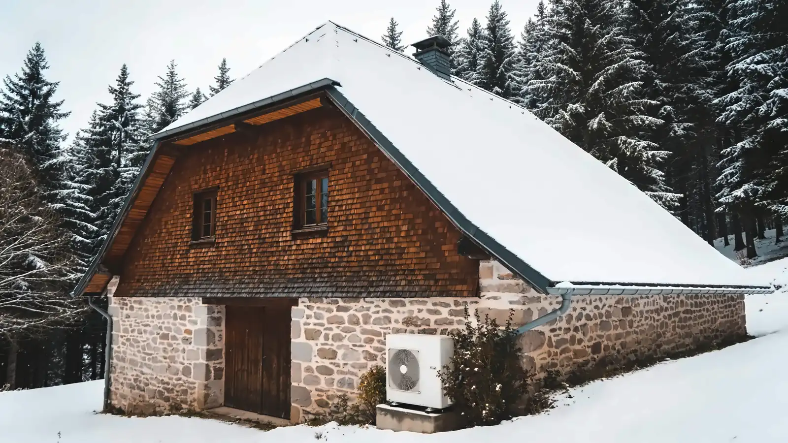 Ferme vosgienne au pignon couvert de bardeaux de bois, murs de pierre et toit enneigé en lisière d'une sapinière en hiver, une pompe à chaleur posée contre le mur