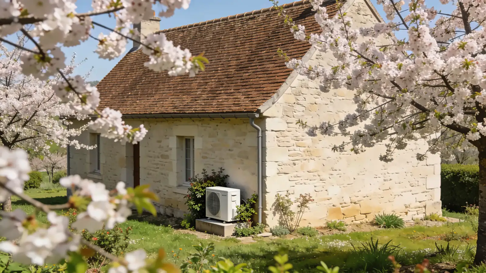 Ferme de l'Yonne en pierre calcaire claire au toit de tuiles plates brunes, vue entre des cerisiers en fleurs au printemps, une pompe à chaleur posée contre la façade