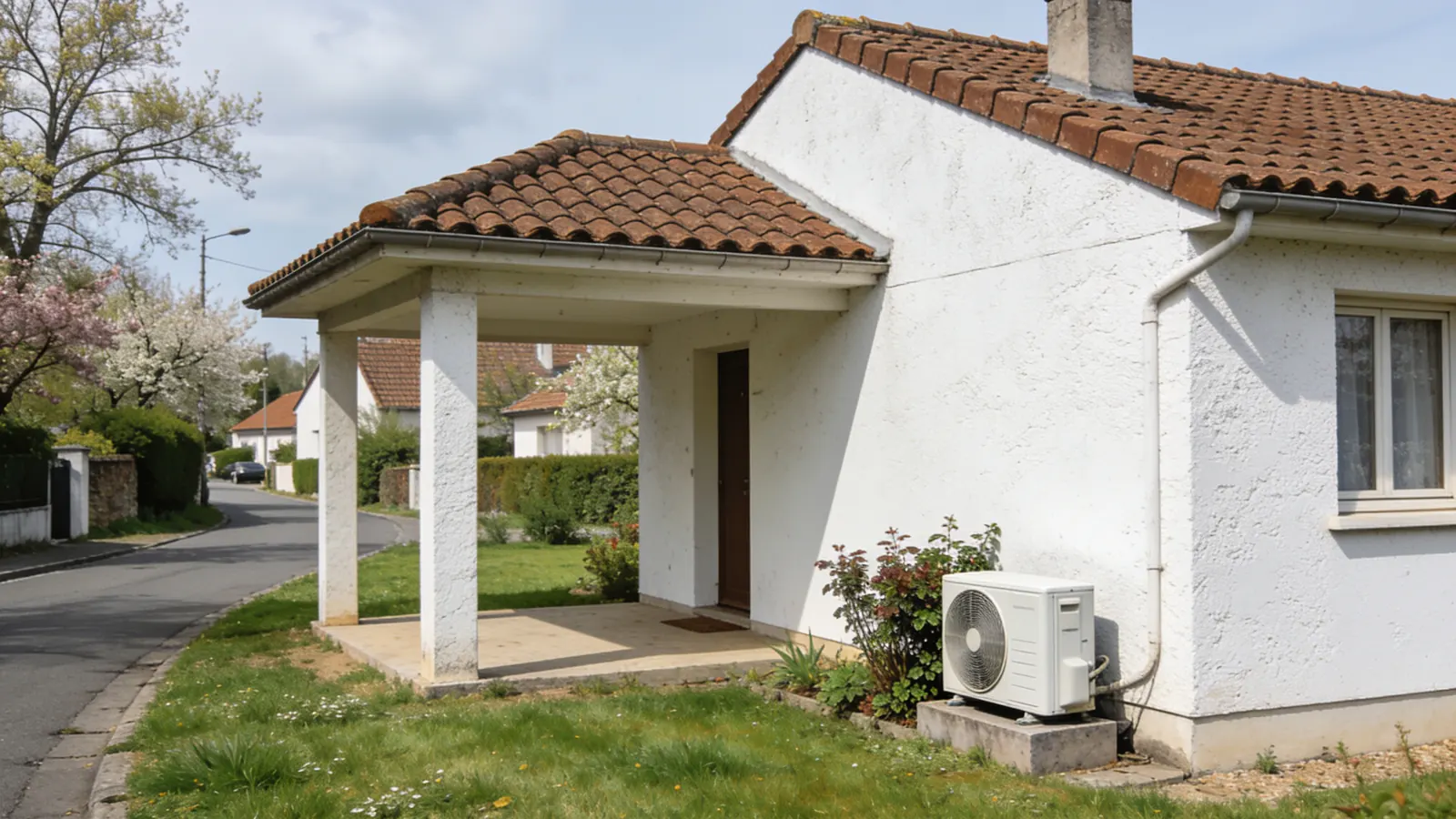 Pavillon des années soixante enduit de blanc au toit de tuiles avec porche à piliers, rue résidentielle et arbres en fleurs au printemps, une pompe à chaleur au pied du mur