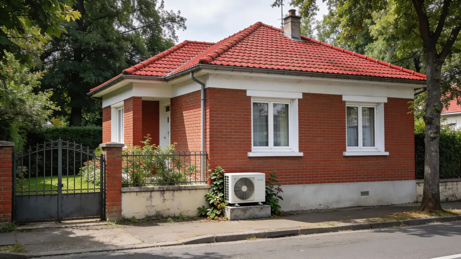Pavillon en brique rouge aux fenêtres blanches et toit de tuiles rouges, portail en fer et jardinet sur une rue arborée en été, une pompe à chaleur posée devant la façade