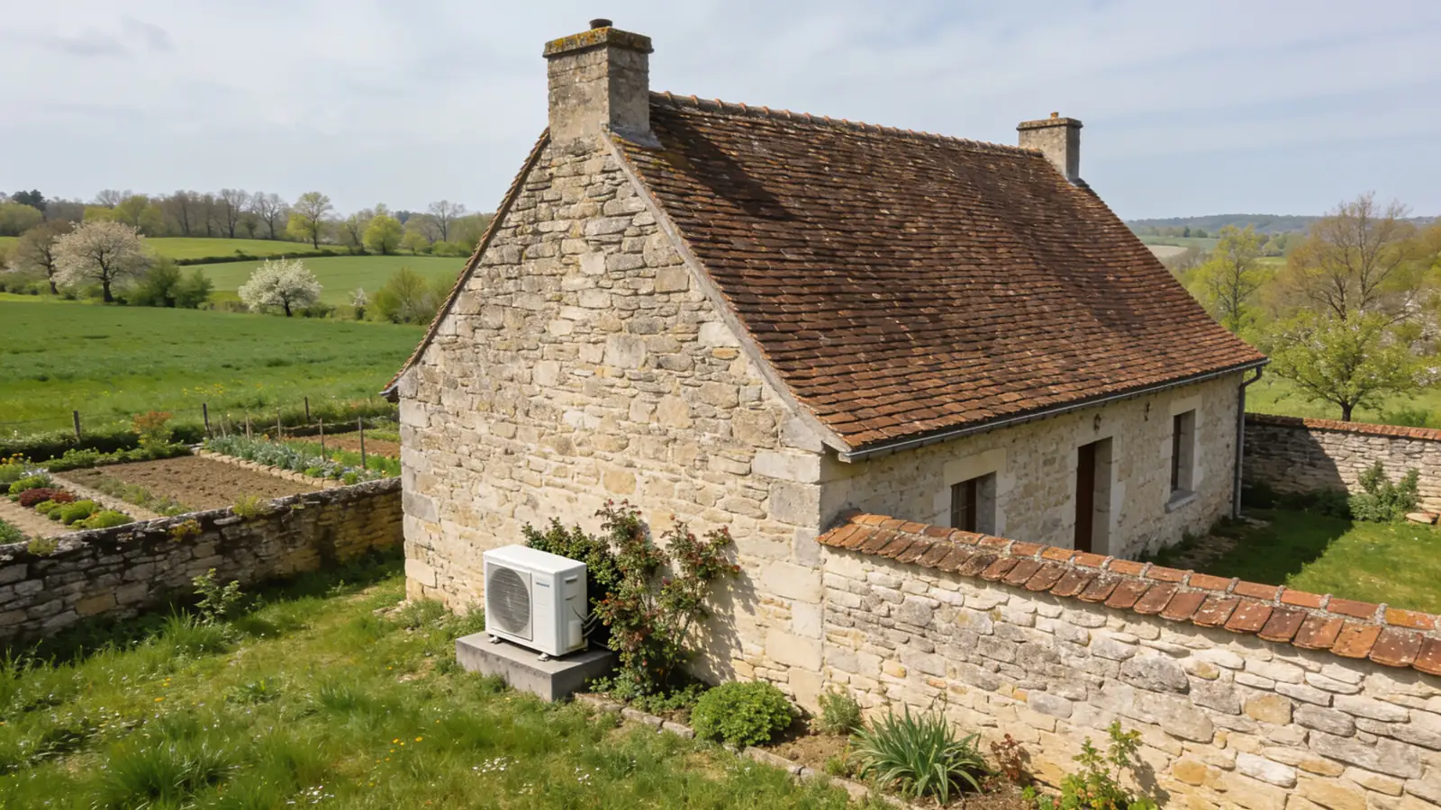 Ferme du Vexin en pierre au toit de tuiles brunes avec jardin clos de murs et potager, prés verts au printemps, une pompe à chaleur posée contre le pignon