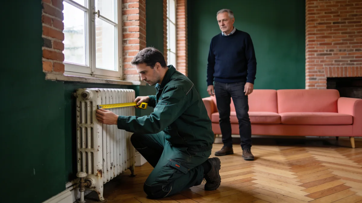 Un technicien en tenue de travail verte, à genoux, mesure au mètre ruban un ancien radiateur en fonte pendant la visite technique, le propriétaire debout derrière lui dans le salon