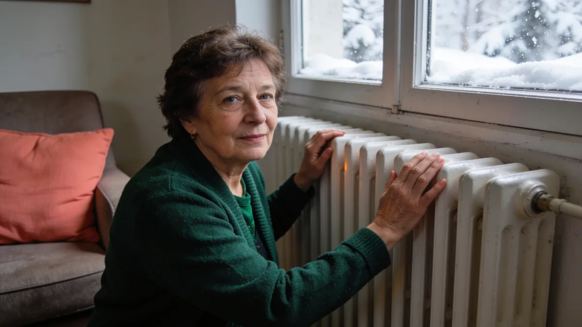 Une femme d'une soixantaine d'années en gilet vert pose les mains sur un radiateur blanc sous une fenêtre, dehors le jardin est sous la neige