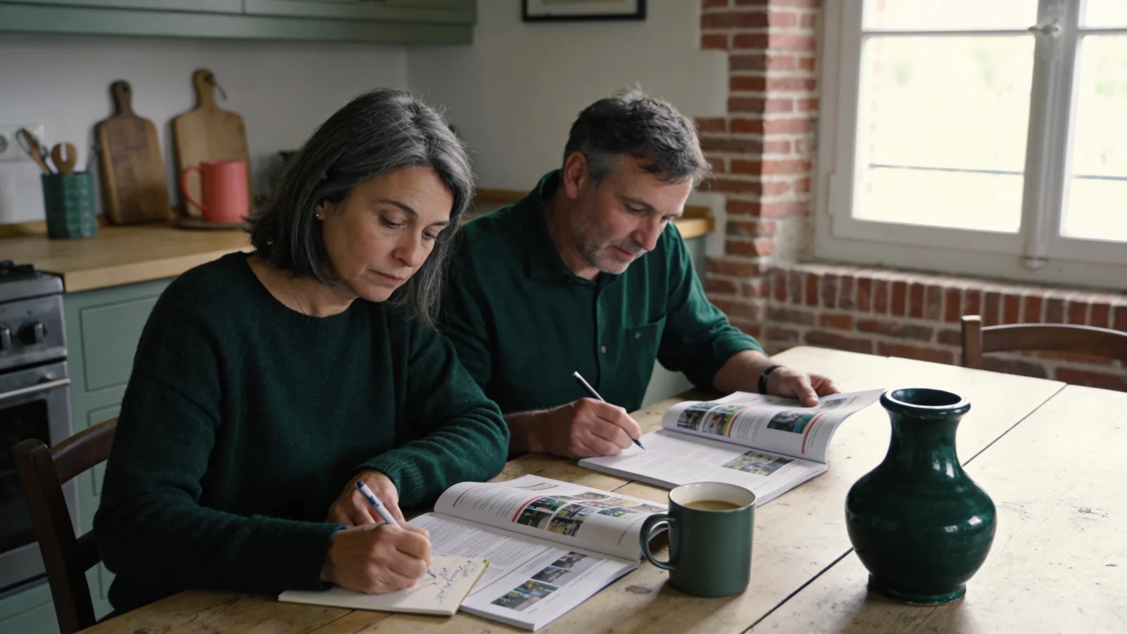Un couple d'une cinquantaine d'années lit des brochures et prend des notes à une table de cuisine en bois, devant un mur de briques et une fenêtre
