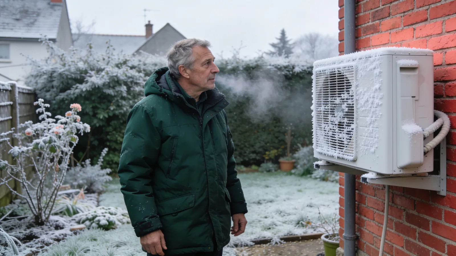 Un homme en manteau vert regarde l'unité extérieure givrée d'une pompe à chaleur fixée au mur de brique de sa maison, un matin de gelée dans le jardin