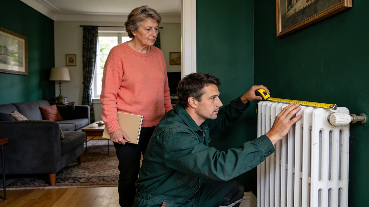 Un installateur agenouillé mesure un radiateur blanc avec un mètre ruban jaune, sous le regard d'une propriétaire en pull corail qui tient un carnet