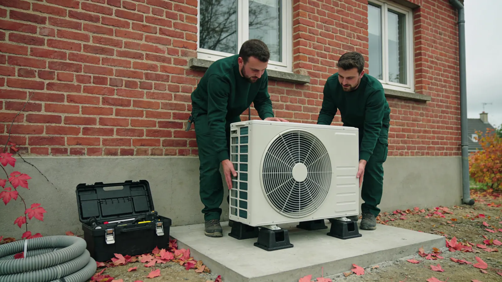 Deux installateurs en tenue de travail verte posent l'unité extérieure d'une pompe à chaleur sur des plots antivibratiles et une dalle en béton neuve, contre une maison en brique, une caisse à outils et une gaine annelée au sol