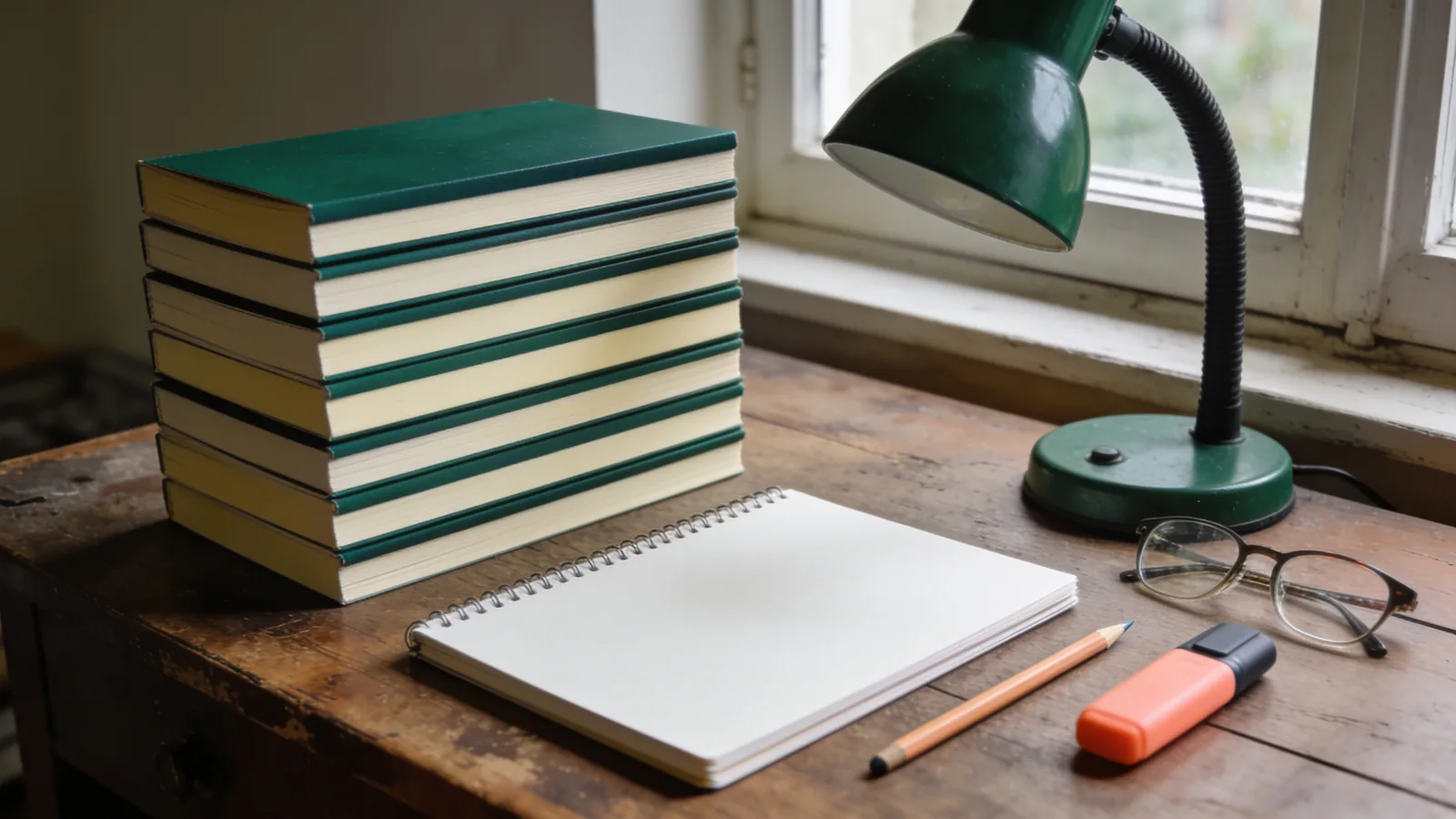 Pile de rapports reliés en vert sur un bureau en bois près d'une fenêtre, avec un carnet, un crayon, des lunettes et un surligneur