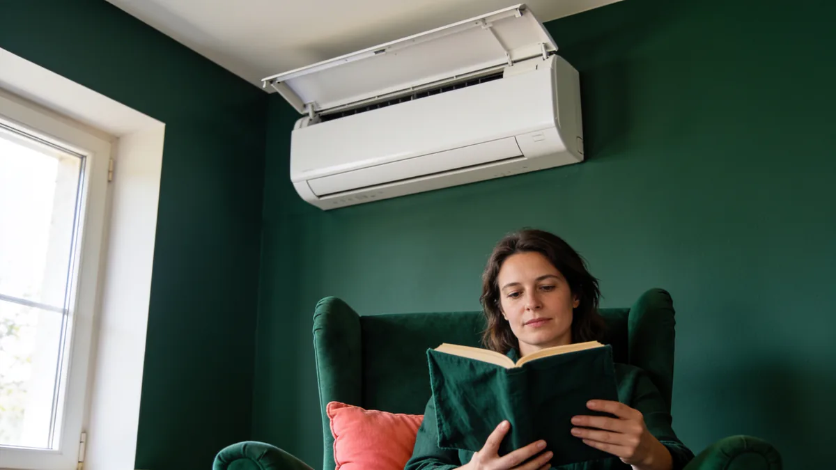 Une femme lit dans un fauteuil vert sous l'unité intérieure murale d'une pompe à chaleur air/air, dont le capot avant est ouvert