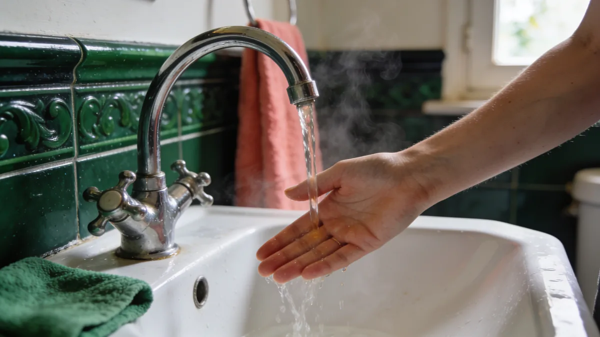 Une main sous l'eau chaude qui coule d'un robinet de lavabo, avec un peu de vapeur, devant un carrelage vert
