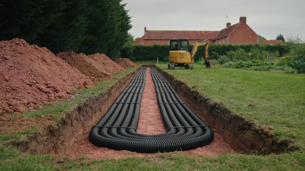 Tubes noirs d'un capteur géothermique horizontal posés en boucles au fond d'une longue tranchée creusée dans un grand jardin, une mini-pelle et une ferme en brique au fond