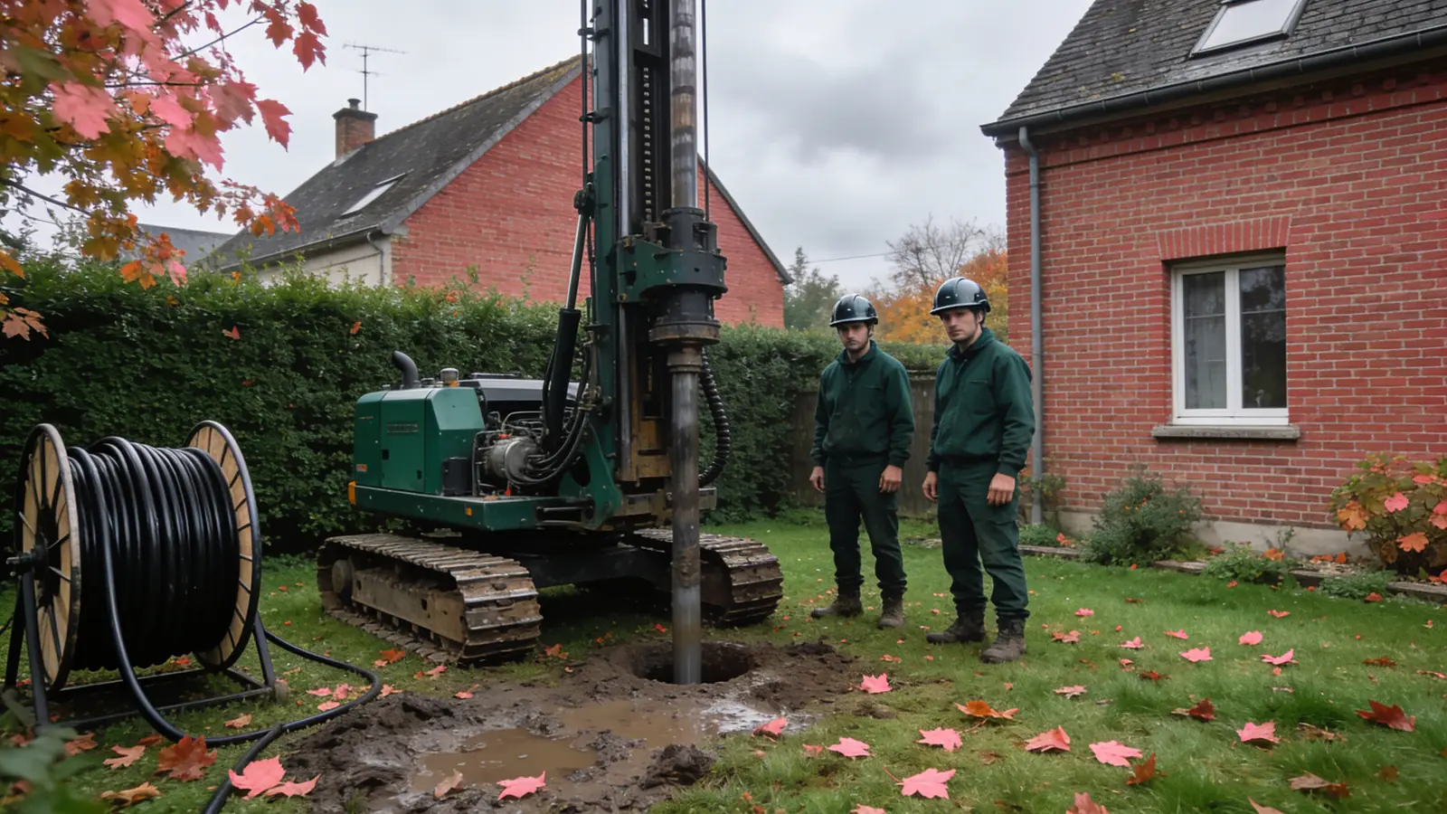 Deux foreurs en tenue verte et casque à côté d'une petite foreuse sur chenilles qui creuse un forage géothermique dans le jardin d'une maison en brique, un touret de tube noir posé sur la pelouse
