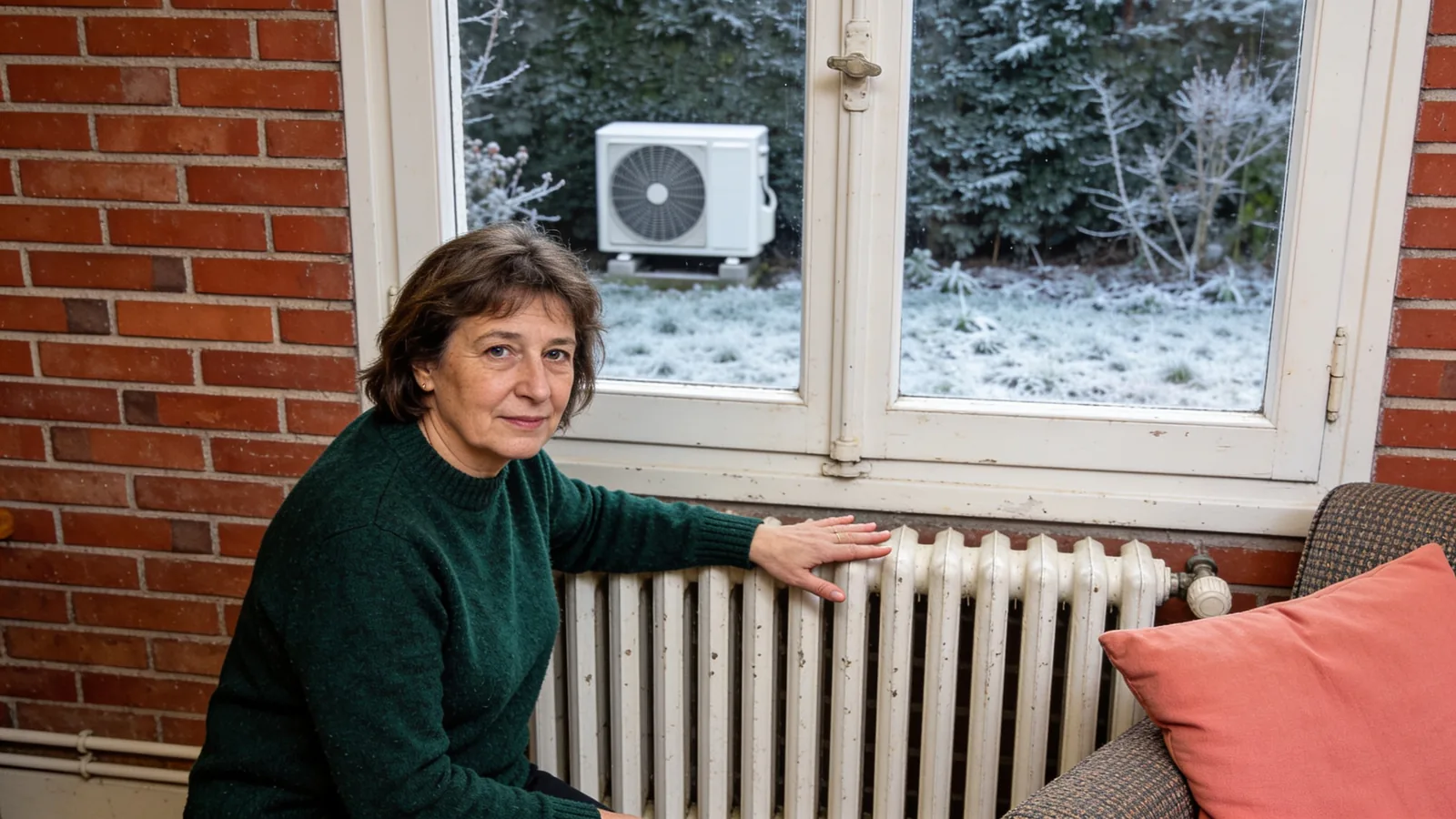 Une femme en pull vert pose la main sur un vieux radiateur en fonte sous la fenêtre d'une maison en brique ; dehors, l'unité extérieure d'une pompe à chaleur dans le jardin givré