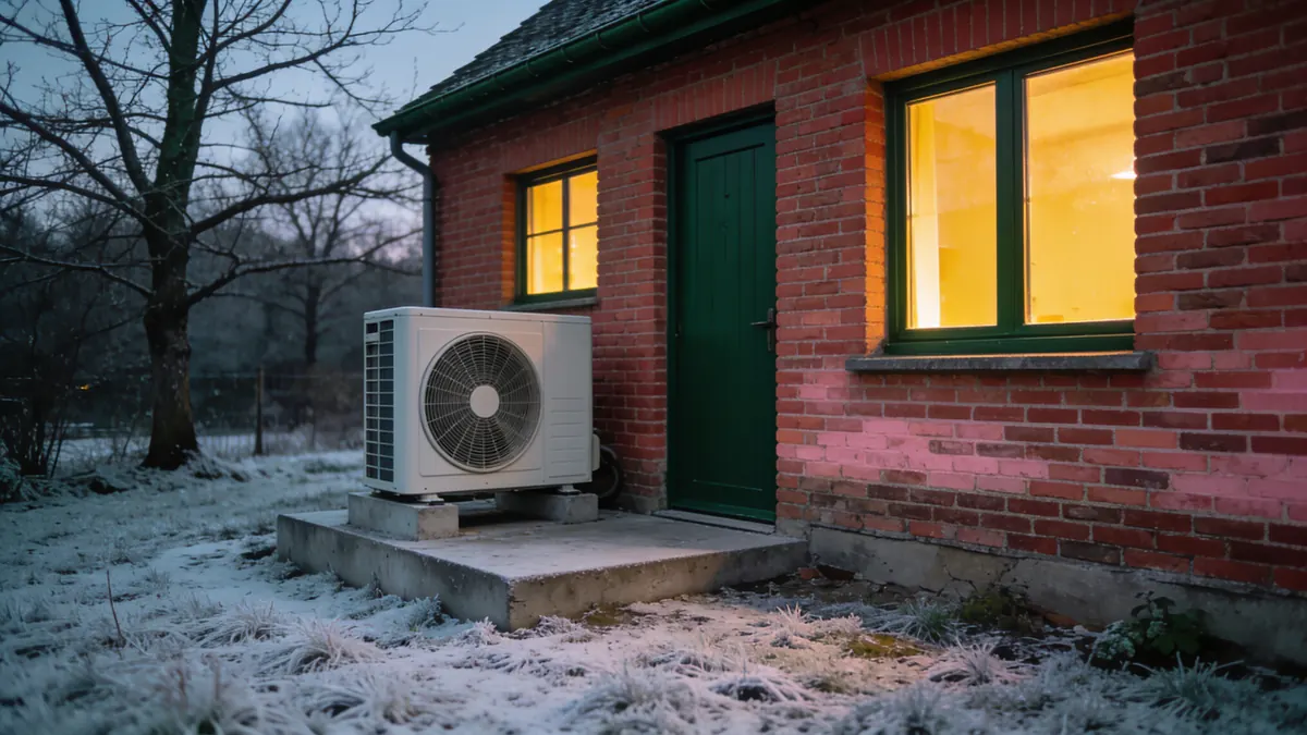 Unité extérieure de pompe à chaleur près de la porte verte d'une maison en brique, un soir d'hiver, pelouse givrée et fenêtres éclairées