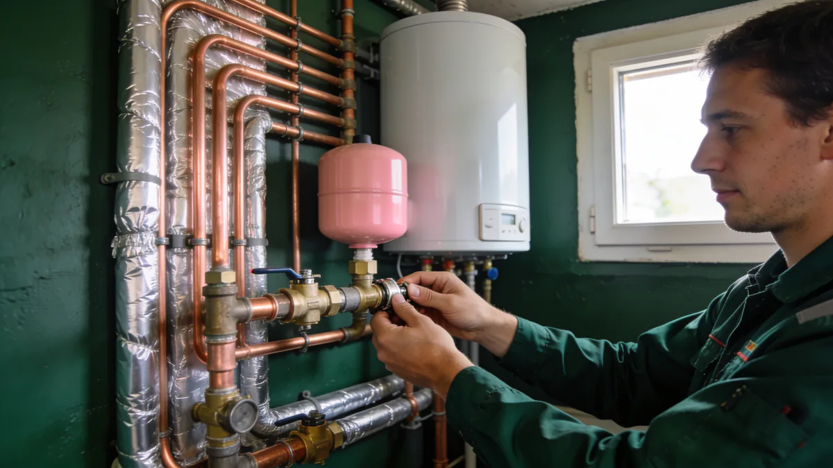 Un technicien serre un raccord sur l'installation hydraulique d'une pompe à chaleur : ballon d'eau chaude, vase d'expansion et tuyaux de cuivre isolés