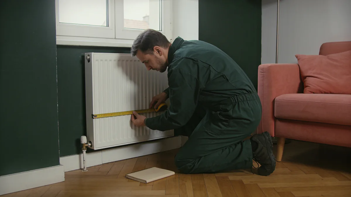 Un chauffagiste en tenue verte mesure un radiateur blanc sous une fenêtre avec un mètre ruban, à genoux sur un parquet