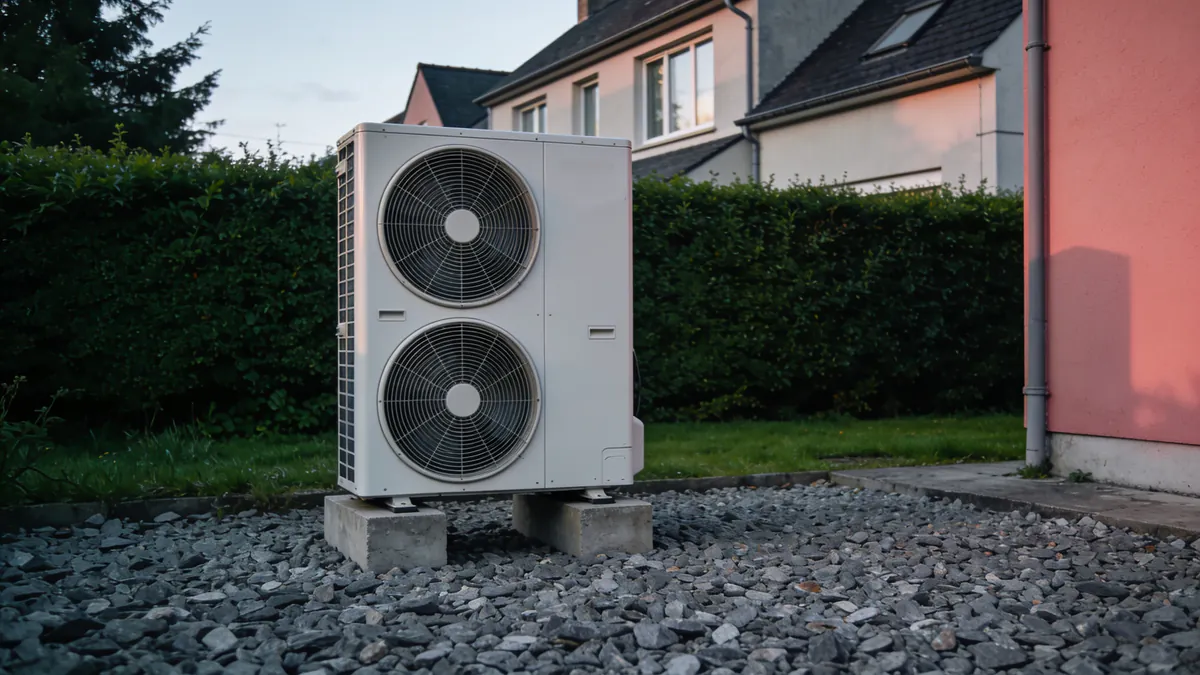 Grande unité extérieure à deux ventilateurs posée sur des plots en béton dans un lit de graviers, à l'arrière d'une maison
