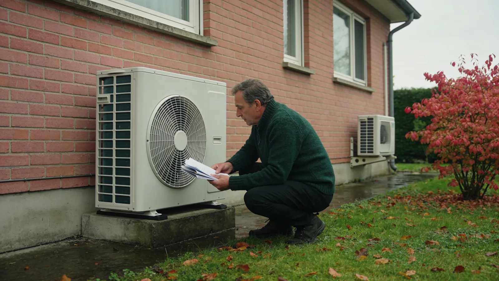 Un homme accroupi dans le jardin d'une maison en brique compare un devis à l'unité extérieure d'une pompe à chaleur posée sur un socle en béton, une unité de climatiseur fixée plus loin sur le même mur