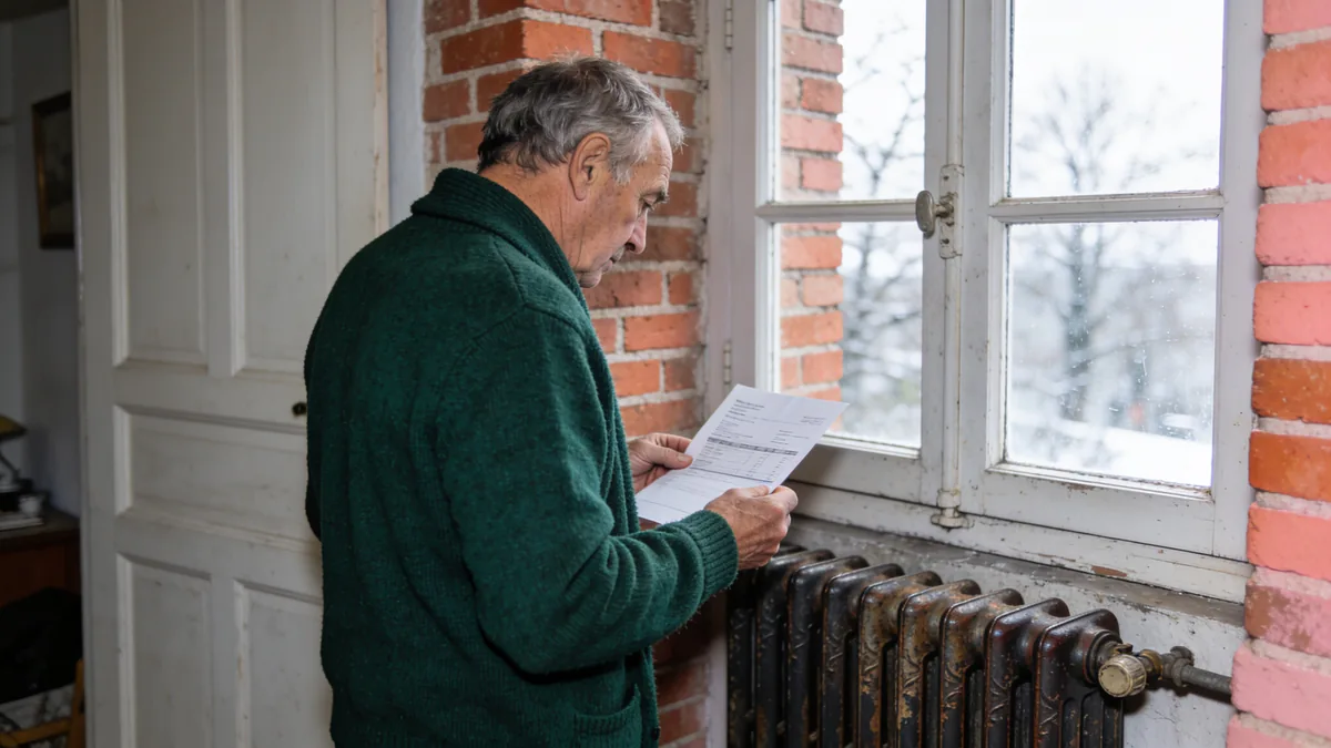 Un homme âgé en gilet vert lit une facture debout près d'un vieux radiateur en fonte, devant une fenêtre donnant sur un jardin enneigé